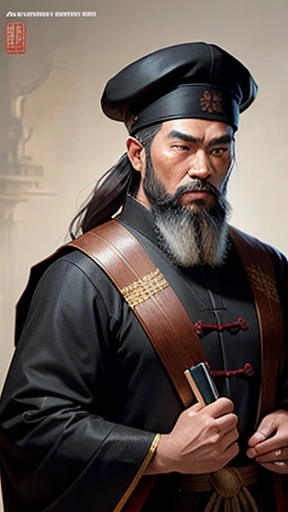 alone、Oriental、Ancient Chinese man in black costume、Hold the brush in one hand and show it、Highest quality、masterpiece、Ultra-high resolution、(Realistic:1.4)、Game Poster、Crisp and beautiful image quality、(Handsome bearded man),Ancient Chinese hairstyle with a large plain white beret that loosely covers the head like a turban、