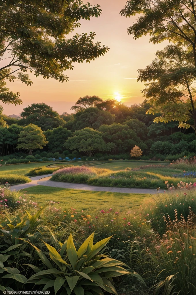 "Generate a captivating image of nature abundant with a variety of plants during sunset. Include dense foliage, vibrant flowers, and tall grasses, all bathed in the warm, golden light of the setting sun. The scene should feel serene and lush, with the rich colors of sunset enhancing the natural beauty of the plant life."