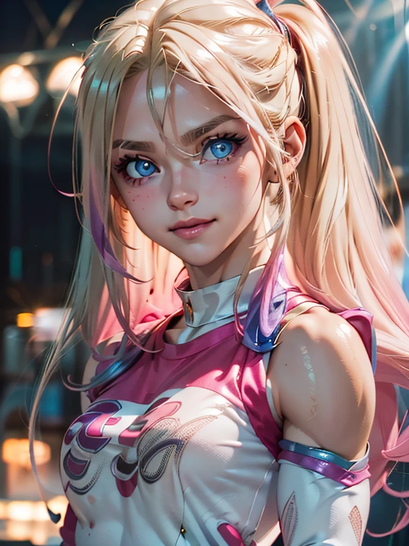 ((1girl solo focus)), Girl, long blonde hair, blue eyes, (wearing a pink and blue long-sleeved shirt, Close smile, high definition, Ultra Quality Hair, ultra quality face, Ultra quality image, Lights Cinematic, medium shots, (muscular physique, muscular arms:1.3).
