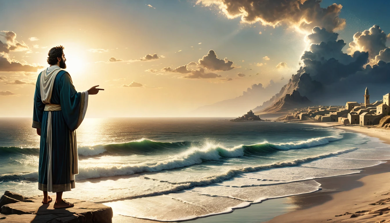 A serene, sunlit coastal area with a small, ancient town visible in the background, representing Nineveh.
Subject: Jonah, standing on the shore, depicted as a contemplative figure with simple robes. Above him, a divine light or ethereal figure representing God is pointing towards Nineveh. Jonah’s expression is conflicted, torn between obedience and fear.
Atmosphere: Reflective and spiritual, with a warm light illuminating Jonah and contrasting with the dark, foreboding sea in the distance, symbolizing his upcoming struggle.