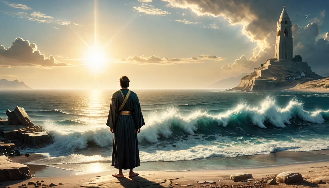 A serene, sunlit coastal area with a small, ancient town visible in the background, representing Nineveh.
Subject: Jonah, standing on the shore, depicted as a contemplative figure with simple robes. Above him, a divine light or ethereal figure representing God is pointing towards Nineveh. Jonah’s expression is conflicted, torn between obedience and fear.
Atmosphere: Reflective and spiritual, with a warm light illuminating Jonah and contrasting with the dark, foreboding sea in the distance, symbolizing his upcoming struggle.