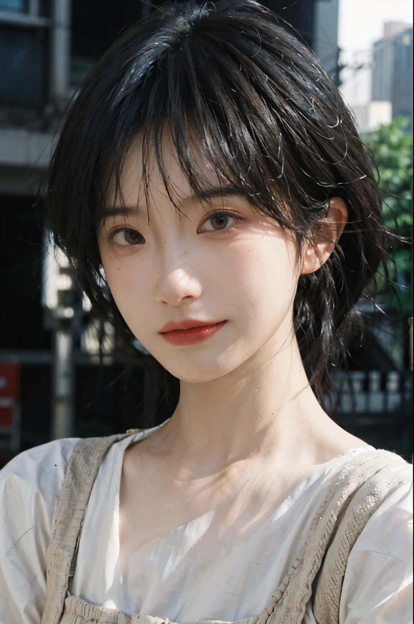 (Skin details:1.4), (smooth skin textures:1.3), Lipstick, background, Direct vision, earrings, serene, calm, (Realistic and detailed eyes:1.2), Natural skin texture, Realistic facial details, Soft dramatic lighting, Vivid details, 35 mm film, outdoor, (Photo Practical:1.4), (hyper Practical:1.4), (Practical:1.3), (Smoother lighting:1.05), (Improve lighting quality:0.9), (Highest quality real skin textures:1.4), Exquisite eyes, Delicate face, Close-up of face, (Enhance the beauty of skin texture:1.1), Hair details, Vest,normal body ratio, short hair, Moles under the eyes, thinking, A faint smile,公园background,Portrait Photography, Depth of Field, Bokeh, Surrealism, Ray Tracing, (Portrait Photography:1.1), Surrealism, High Detail, Chiaroscuro, Ray Tracing, reflected light, Ultra HD, Ultra HD, masterpiece, Textured Skin, Super Detail, High Detail, high quality, best quality