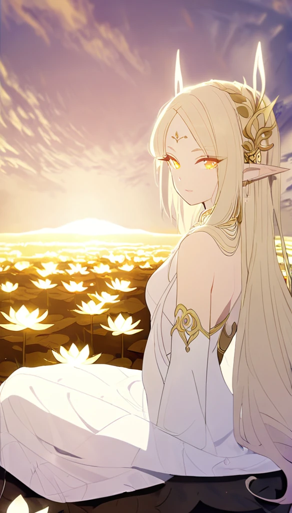 1woman, elven ears, light god, light blonde hair, longest hairstyle, glowing yellow eyes, sat on lotus fields, thai style, elegant, traditional thai white dress,