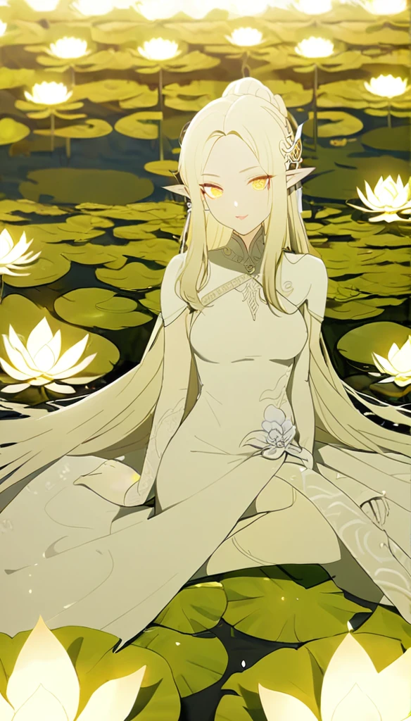 1woman, elven ears, light god, light blonde hair, longest hairstyle, glowing yellow eyes, sat on lotus fields, thai style, elegant, traditional thai white dress,