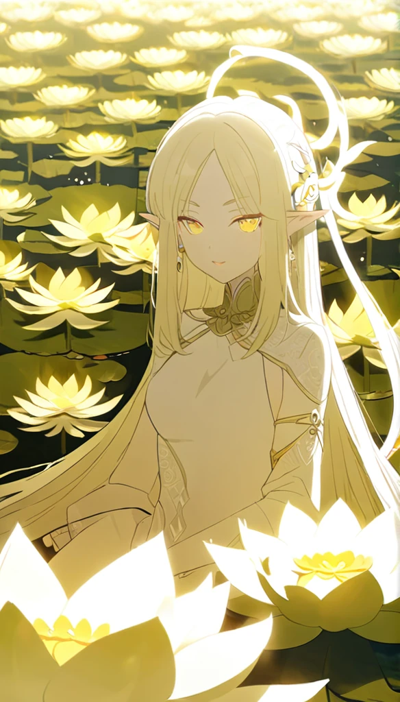 1woman, elven ears, light god, light blonde hair, longest hairstyle, glowing yellow eyes, sat on lotus fields, thai style, elegant, traditional thai white dress,