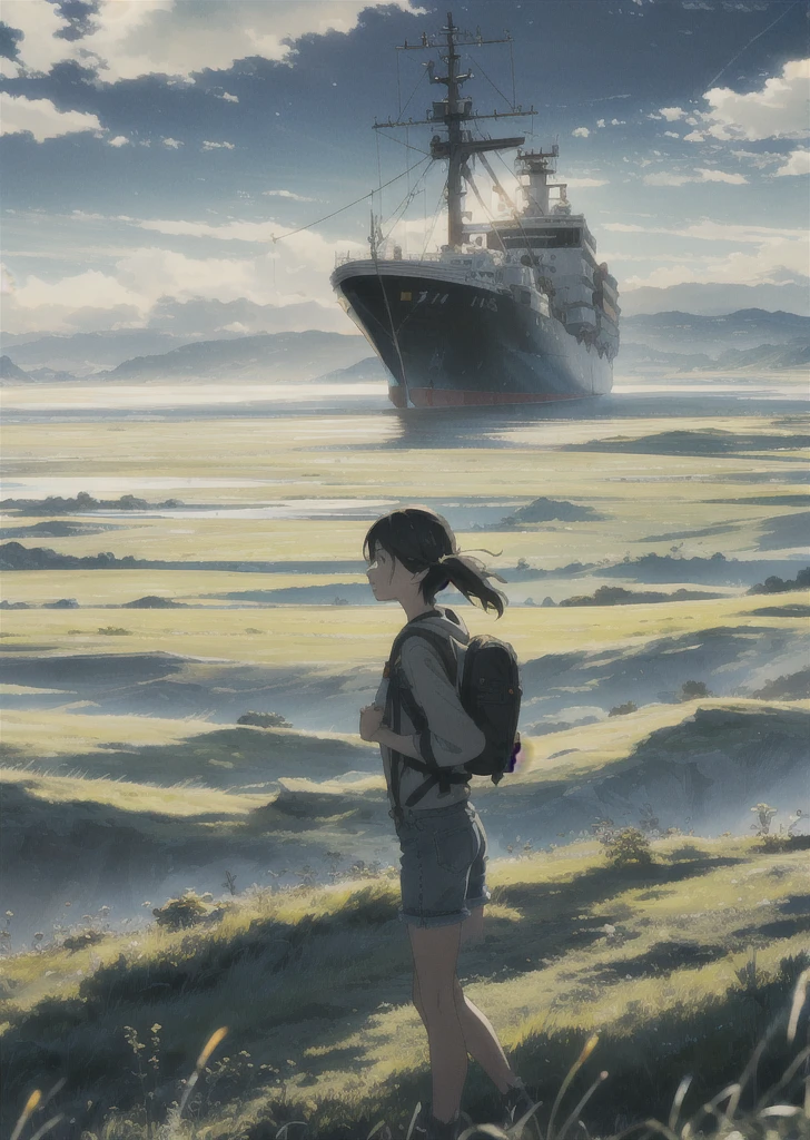 The vast sky, beautiful skyline, large grasslands, extremely tense and dramatic pictures, moving visual effects, the high-hanging Polaris, and colorful natural light. Long-sleeved top, denim shorts, and a girl with a backpack. There is a big ship not far away.