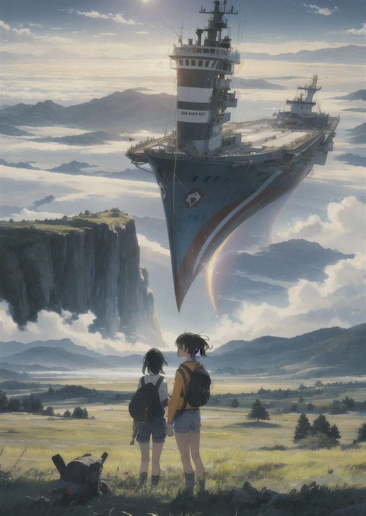 The vast sky, beautiful skyline, large grasslands, extremely tense and dramatic pictures, moving visual effects, the high-hanging Polaris, and colorful natural light. Long-sleeved top, denim shorts, and a girl with a backpack. There is a big ship not far away.