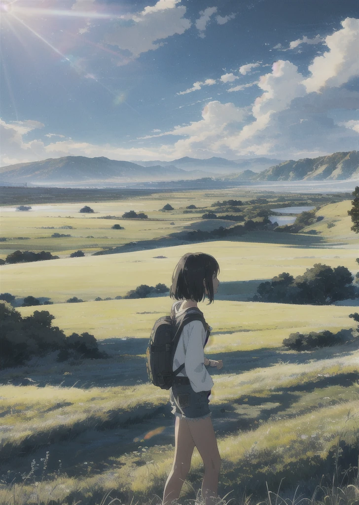 The vast sky, beautiful skyline, large grasslands, extremely tense and dramatic pictures, moving visual effects, the high-hanging Polaris, and colorful natural light. Long-sleeved top, denim shorts, and a girl with a backpack. There is a big ship not far away.