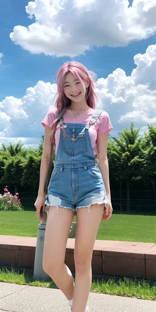 masterpiece,best quality, 1girl,solo,haru urara,overalls,overall shorts,flower-shaped pupils,,pink shirt,holding ice cream,(horse tail:0.6),smile,open mouth,cloudy,