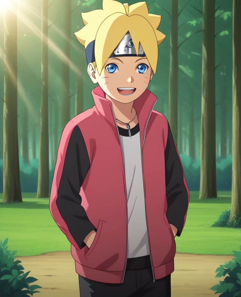 score_9, score_8, score_9, BREAK,, solo, male , boruto, blond hair, blue eyes, open jacket, hands in pockets, open smile, outdoors, forest, sunlight, shadows, natural lighting
