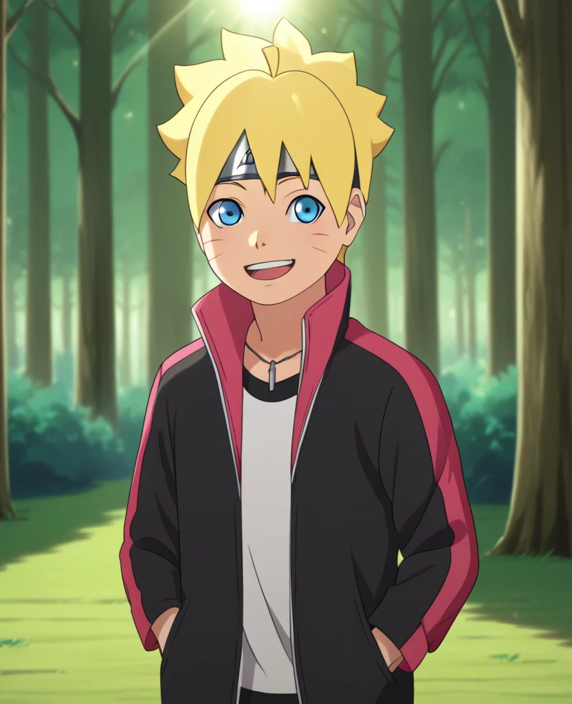 score_9, score_8, score_9, BREAK,, solo, male , boruto, blond hair, blue eyes, open jacket, hands in pockets, open smile, outdoors, forest, sunlight, shadows, natural lighting
