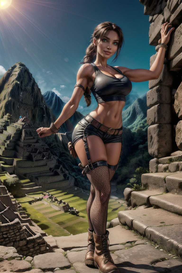 Tomb Raider epic scene Realistic masterpiece,( vivid colors, amazing blue sky with a huge bright sun  ), 8k , HDR+ultra high quality image showing a beautiful and sexy Lara Croft , she teasing the viewer ,( perfect tight body with big natural breast and round bubble butt ) , (Lara Croft typical clothes) , ((In a sexy outfit that is both functional and alluring, Lara Croft wears a revealing black fishnet tank top, subtly revealing her sun-kissed skin and her huge round breast , paired with soft canvas cargo green kaki short . Her lace-up leather booties add a hint of  femininity to her unflappable sexy adventurer look, )) , perfect and realistic skin texture , sun-kissed skin shown to have a fairly slender figure. She has dark brown hair , she has long hair with a pony tail and large seductive pale green eyes, seductive smile, ((The Machu Picchu ruins appear really far away in the background , realistic and detailed Machu Picchu )) , in a epic Tomb Raider style scene, ((full body shot view))  in a dynamic pose , cool and sexy pose , ((the amazing vivid blue sky is full of bright colors, reflecting the light of the shinny sun on her perfect skin. The big gorgeous shinning sun adds a magical atmosphere to the photo, and highlights the beauty of the moment . The seductive smile and cute expression on the girl's face and her playful eyes teasing the viewer add an element of hotness and erotic tension to the picture. While the splendor of the scene in the background in the style of a tomb raider epic scene reflect the girl's exploration and adventurous spirit., huge cleavage exposed, huge round breasts, superior quality, many details, Puri focus Sharp and realistic ,  cropped top and a small mini green short , perfect hands, detailed hands, perfect eyes, detailed eyes, realistic, HDR, UHD, dynamic