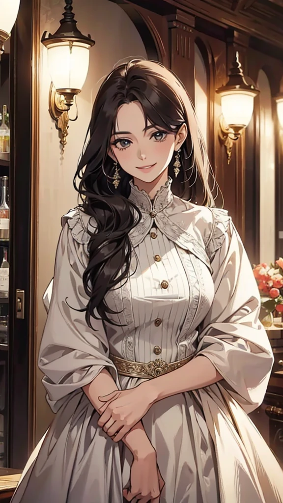 Adult woman, middle age, long hair, elegant dress, bolero, looking towards the camera, smiling