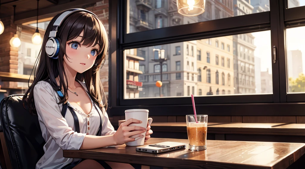 Girl with headphones enjoying music in a cafe　I am studying　Emphasize a little bit of the chest