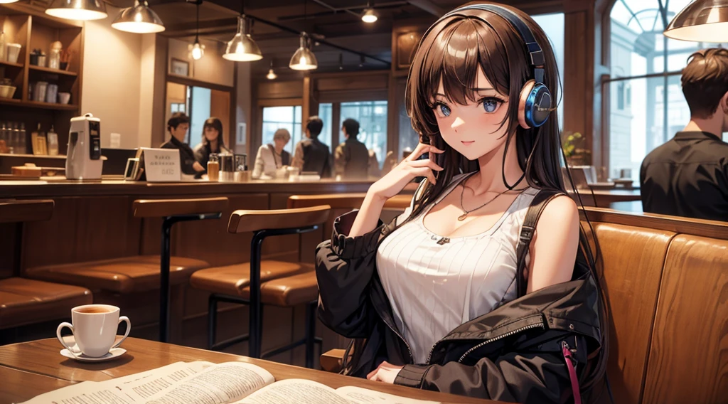 Girl with headphones enjoying music in a cafe I am studying Emphasize a little bit of the chest