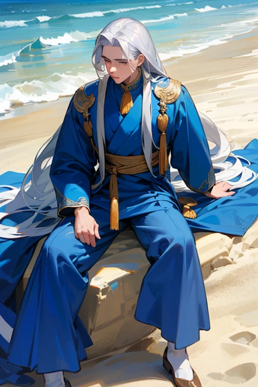 ((Highest quality)), ((masterpiece)), (detailed), Blue clothes，A man with long silvery hair，Young handsome man，White sand beach，National costume