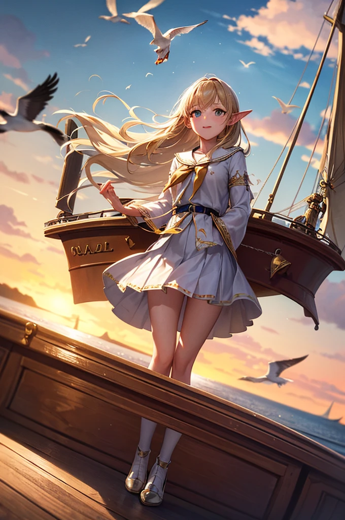 (((masterpiece, Highest quality, High resolution, High detail)))), ((((Fantasy))), One, (Elf Woman)))), (White short skirt with gold embroidery), (Long straight blonde hair), (Shiny dark green eyes), (White frilly blouse with gold embroidery), big, (((On the deck of a sailing ship at sea)), (Vast ocean))), (The sky with clouds)), (( Seagulls flying in the sky)), smile, (Wind), Particles of light flying