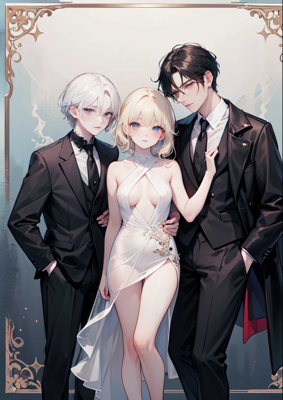 (((full-body view))), ((girl and two men)), ((dark fantasy)),two mature male, 30-ish, (wide shoulder), ((no chest hair)),man with short black Quiff hair with Soft Fringe, (bangs part on side 3:7 ratio), blue eyes, upper body, short hair, looking at viewer, parted lips, round eyewear, showing a bit of muscles,(( girl with wavy hair, pale skin, long light blond hair),((light blue eyes)), freckles,(girl 18 years old),erotic posing,Gothic background, Dark fantastic view,Best Quality,masutepiece,8K,The ultimate detailed dark background, Top image quality、RAW photography、超A high resolution, overall look is very erotic, round chest, Beautiful Eyes of Details、Very slender eyes、Beautiful eyelashes、Very slim physique, with blush cheeks