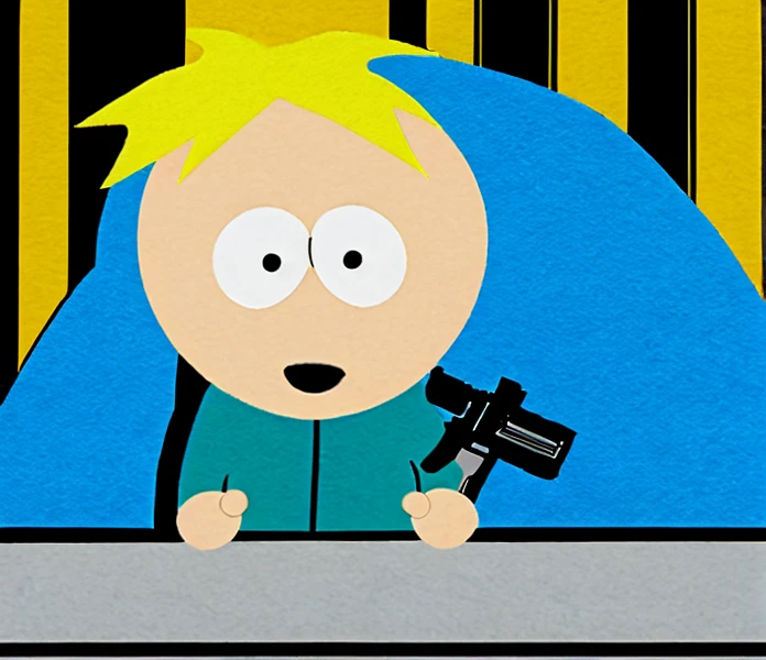 Butters Stotch, Crown, Blue Cape, holding Uzi Gun, Las Vegas on 2029