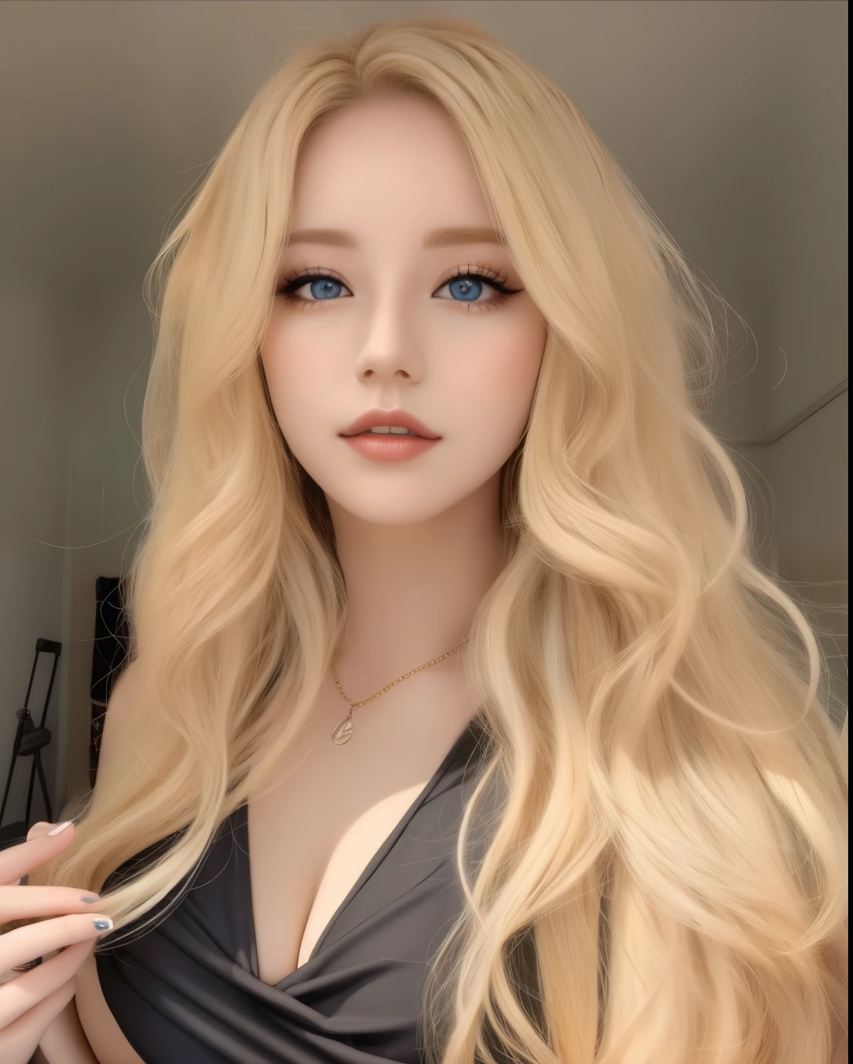 Blonde woman with long hair wearing black dress and necklace, pale skin curly hair blonde, beautiful blonde, girl with blonde hair, with long blonde hair, Long blond hair and blue eyes, long blonde hair and big eyes, blonde and attractive features, beautiful blonde 머리,  beautiful blonde, blonde goddess, Longos Cabelos Loiros Hondulados,  sexy with long blonde hair