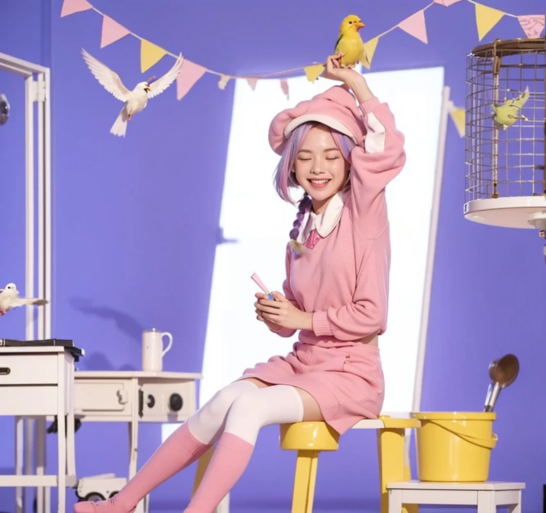 Live-action adaptation,Bird-colored hair,Hair length: bob,Singing with eyes closed and a smile,Pink uniform,Pink long socks,Pink newsboy cap