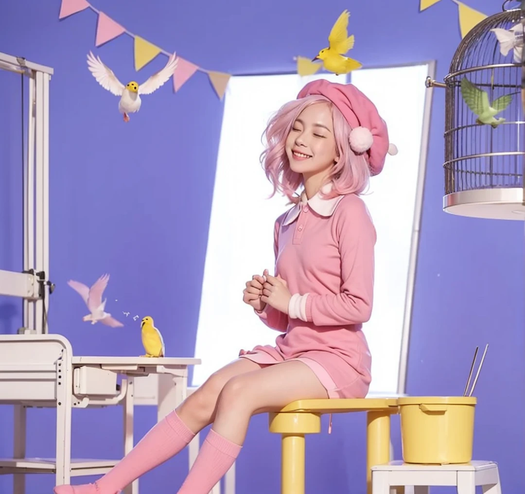 Live-action adaptation,Bird-colored hair,Hair length: bob,Singing with eyes closed and a smile,Pink uniform,Pink long socks,Pink newsboy cap