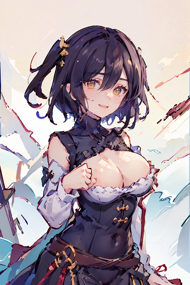 (masterpiece:1.2), (high quality:1.2), (hui xiyi:0.75), rekkyo sensen, rekkyou sensen, girls with((black hair, (tits cleavage:1.15), (breasts close up:1.15), (suspenders:1.2), (dress:0.65), (blue clothes:1.05), (belts:0.7), (frills shirt:1.2), (white knit sweater:1.2), (blue frills camisole:1.2), exposed breasts, straps, (cross clothes:1.15), (cross:1.05), upper body, (long wavy hair:1.2), (one side up:1.2), nun, long sleeves, (perfect hands:1.05), (five fingers:1.05))), background with((fantasy world, ruin, castle, beautiful sky, shining sky, sunshine))