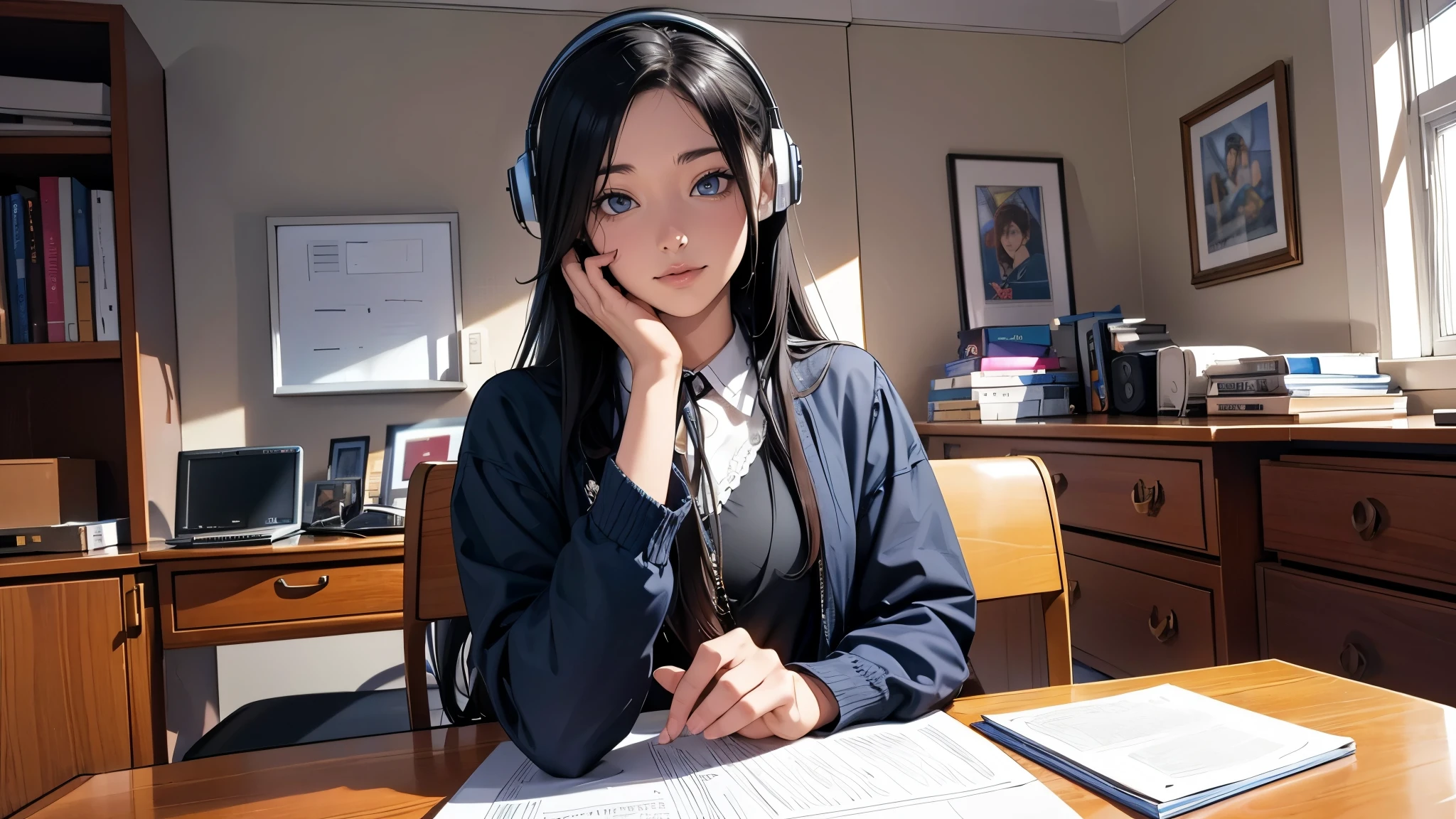 Ultra HD、super high quality、masterpiece、detailed、8K、The place is your room、A high school girl in her room1Person sitting and listening to music on headphones、Studying at a desk、15-year-old high school girl、The high school girl is Russian and has long black hair.、Has blue eyes、She has a flower tattoo and a glamorous figure.、The clothes she's wearing are a camisole and a miniskirt、Knee-high、Pretty sexy、Lo-Fi images