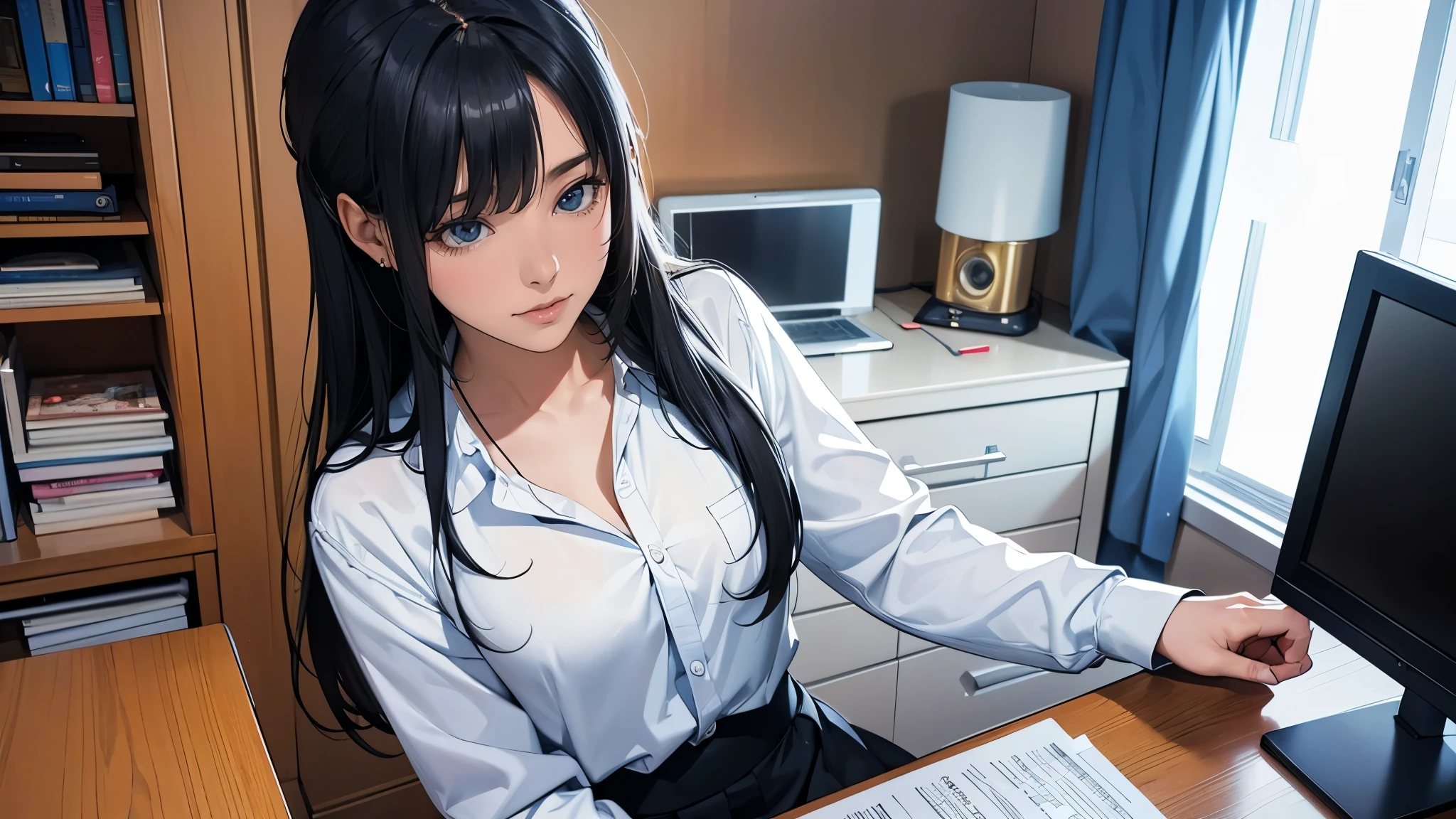 a beautiful office lady with black hair, wearing a flared skirt and a shirt, embarrassed facial expression, mature, (upskirt view from low angle:1.0), pastel panties,(1 person:1.5)
