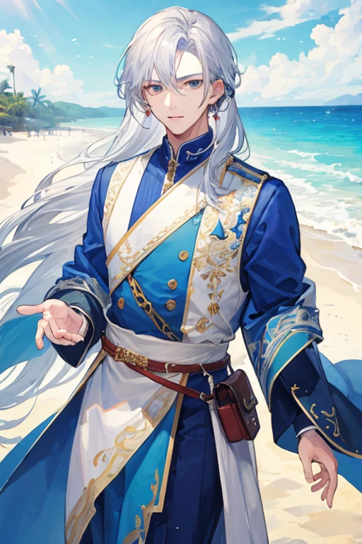 ((Highest quality)), ((masterpiece)), (detailed), Blue clothes,A man with long silvery hair,Young handsome man,White sand beach,National costume