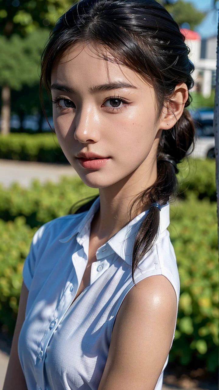 White collared shirt,jeans,outdoors,Urban Park,On the lawn,One woman,close up face,fully body photo,masutepiece, The highest image quality, High quality, the background is clear,Beautiful woman, Japanese, Detailed, Ultra-detailed, finely detail, hight resolution, 8K Wallpaper, Perfect dynamic composition, Beautiful detailed eyes ,Detailed eyes, Detailed skin, Beautiful skin, 超hight resolution, (reality: 1.4),Very beautiful woman, Slightly younger face, Beautiful skin, slender, (Ultra photo realsisim), (hight resolution), (8K), (Very detailed) (beautifully detailed eyes), (super detailed), (Detailed face), view the viewer, Fine details, Detailed face, Staring straight ahead, Staring straight ahead, photos realistic, Bright lighting, Professional Lighting, Black hair,poneyTail,a baby face,sixteen years old,Hairstyle: ponytail,Long ponytail hairstyle,slight smile,