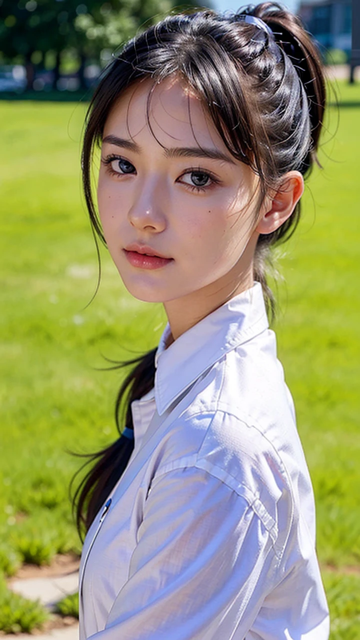 Black Bra、White collared shirt,jeans,outdoors,Urban Park,On the lawn,One woman,close up face,fully body photo,masutepiece, The highest image quality, High quality, the background is clear，Beautiful woman, Japanese, Detailed, Ultra-detailed, finely detail, hight resolution, 8K Wallpaper, Perfect dynamic composition, Beautiful detailed eyes ,Detailed eyes, Detailed skin, Beautiful skin, 超hight resolution, (reality: 1.4),Very beautiful woman, Slightly younger face, Beautiful skin, slender, (Ultra photo realsisim), (hight resolution), (8K), (Very detailed) (beautifully detailed eyes), (super detailed),   (Detailed face), view the viewer, Fine details, Detailed face, Staring straight ahead, Staring straight ahead, photos realistic, Bright lighting, Professional Lighting, Black hair,poneyTail,a baby face,sixteen years old,Hairstyle: ponytail,Long ponytail hairstyle,slight smile,