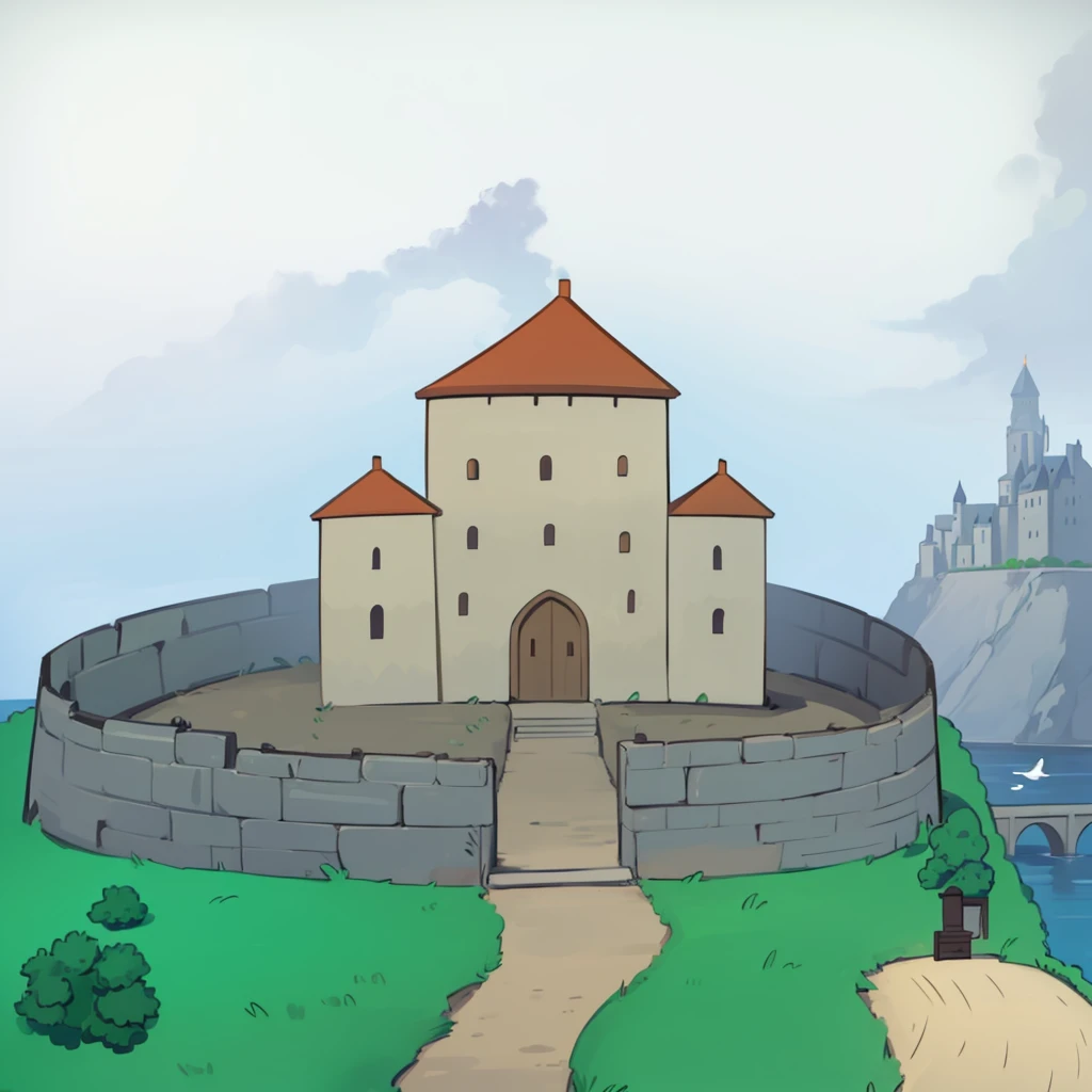 Middle Ages. Castle. walls. city. Road. gate. Mill. Wheat field. the forest. Ship. Sea. Road. mountains.