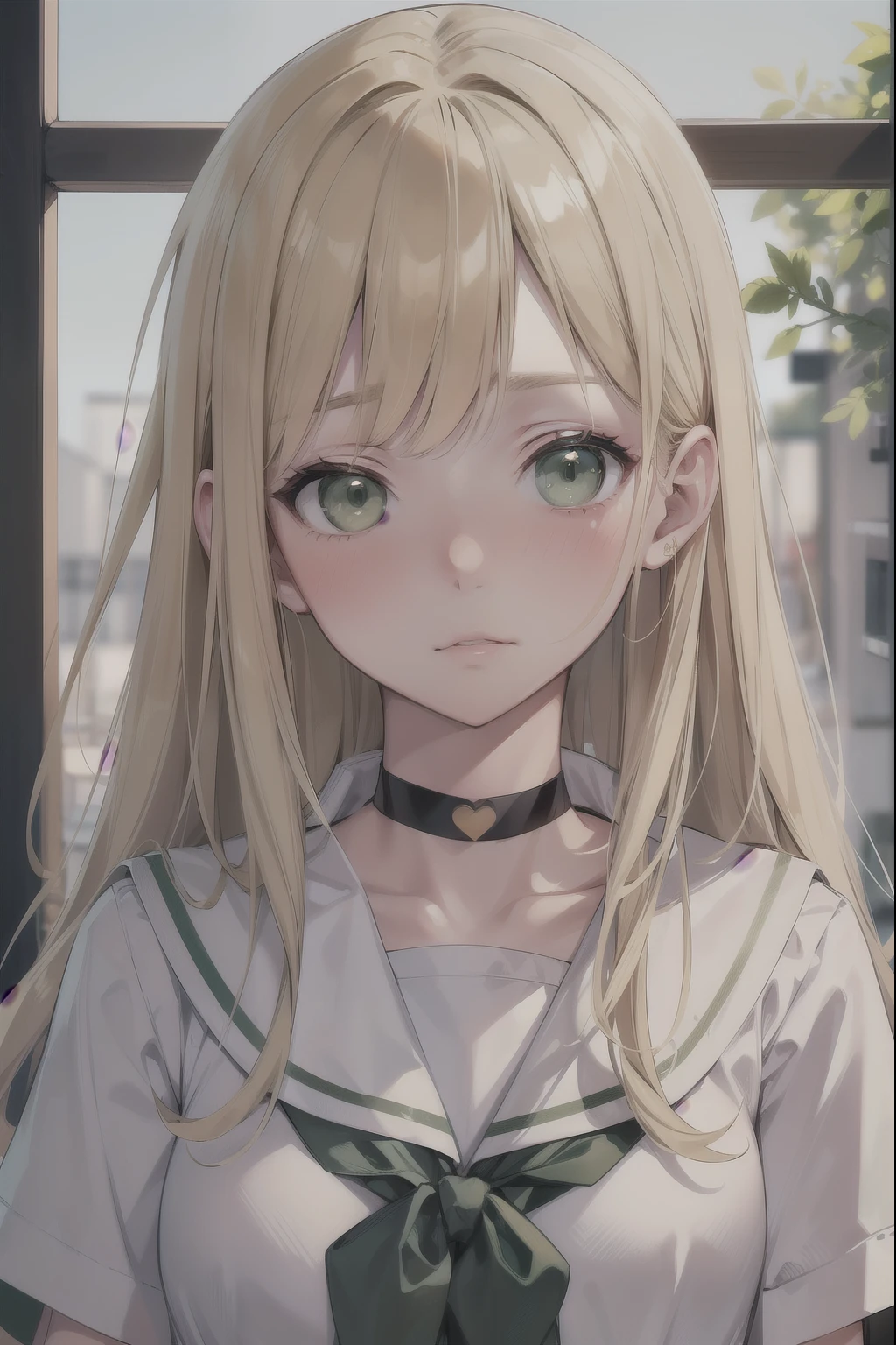 Blonde Hair, choker,(Green Eyes:1.5), Long Hair, high school student,Japanese school gym uniform,blush, blush stickers, Have,break looking at viewer, break outdoors, city, break (masterpiece:1.2), highest quality, High resolution, Unity 8k, (Beautiful fine details:1.6), Highly detailed face, Perfect lighting, Highly detailed CG, (Perfect hands, Perfect Anatomy),(Blush all over face, Embarrassing)