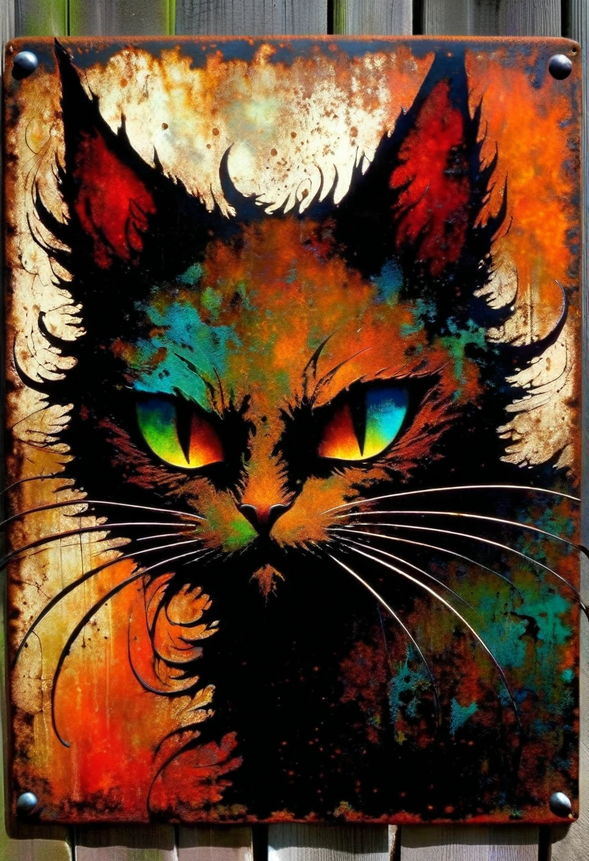 Simple decorative rusty metal sign with devil cat, dark, Dave McKean inspired artwork, Vibrant colors, Intricate details, oil.
