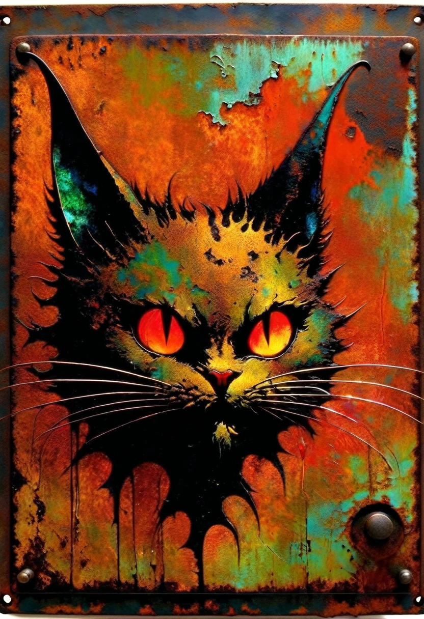 Simple decorative rusty metal sign with devil cat, dark, Dave McKean inspired artwork, Vibrant colors, Intricate details, oil.