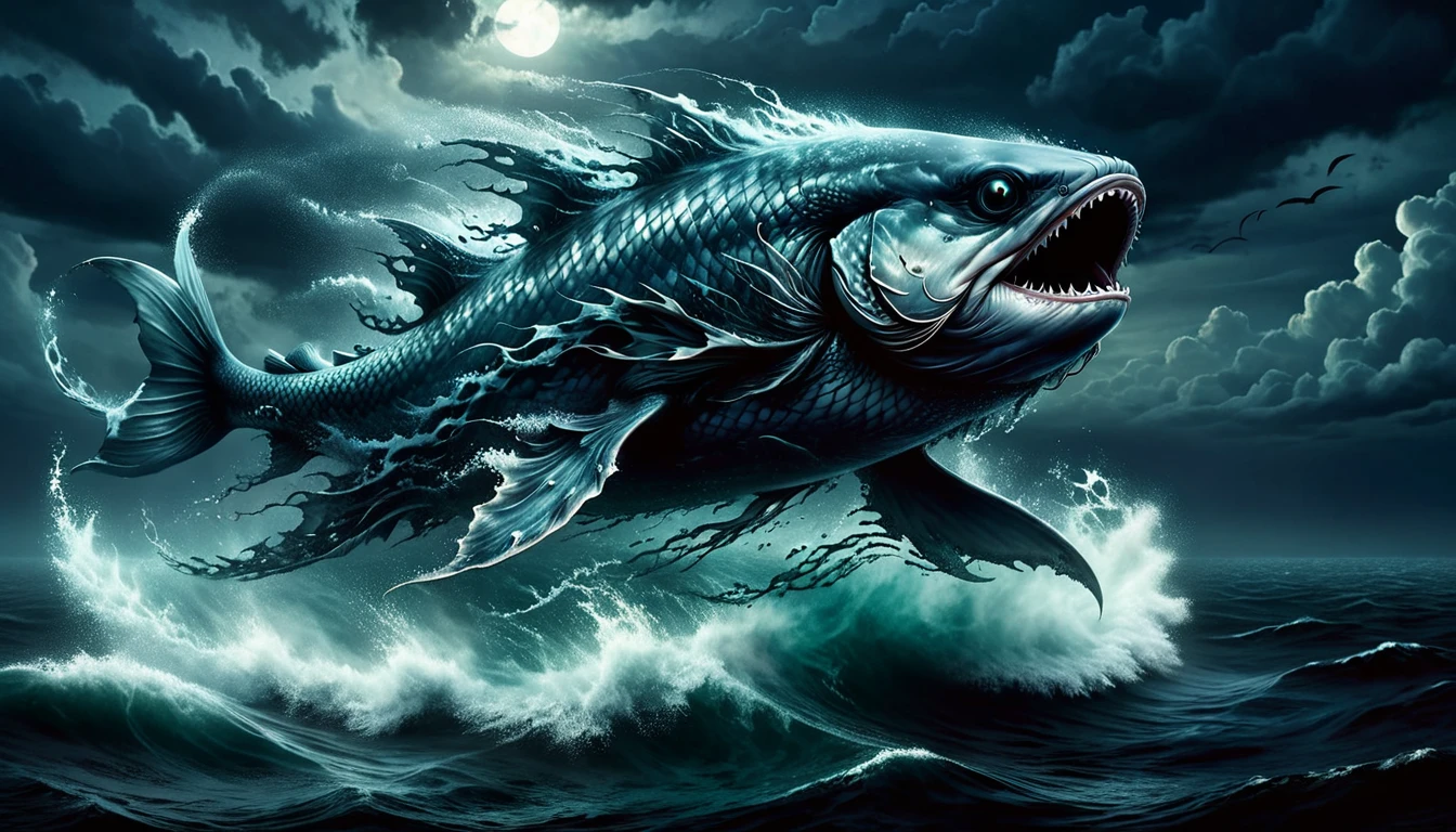 An eerie, stormy sea at night, with dark, churning waters and a sky filled with ominous clouds.
Subject: A terrifying, mythological fish emerging from the depths. Unlike a typical whale, this creature has a demonic appearance with glowing eyes, sharp teeth, and a hybrid form that hints at both aquatic and humanoid features, reminiscent of Dagon. Jonah is depicted as a small, helpless figure being swallowed by this sinister entity.
Atmosphere: Dark and foreboding, with dramatic lighting and shadows enhancing the sense of the creature's malevolent nature and the supernatural forces at play. leviathan