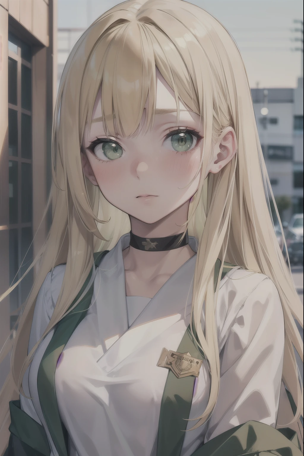 Blonde Hair, choker,(Green Eyes:1.5), Long Hair, high school student,Japanese school gym uniform,blush, blush stickers, Have,break looking at viewer, break outdoors, city, break (masterpiece:1.2), highest quality, High resolution, Unity 8k, (Beautiful fine details:1.6), Highly detailed face, Perfect lighting, Highly detailed CG, (Perfect hands, Perfect Anatomy),(Blush all over face, Embarrassing)