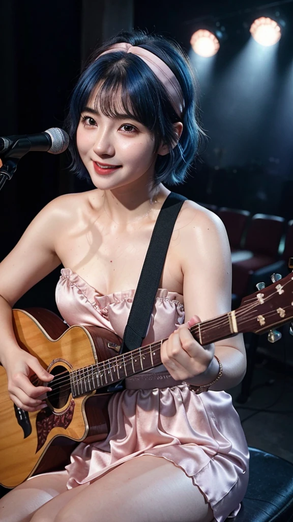 ((best quality)), photorealistic, photorealism, Photorealistic, high resolution, ((Wearing Pink Strapless Satin dress, Headband))、smile、A superb beauty、Super cute、ennui、Rare beauty、Very Short hair、Black Dark Eyeshadow、Sad、white skin、pale skin, Very short hair layered、Dark Gothic Makeup、Cute Smile、Fragrant beauty、Stained glass background、Mastepiece、Best Quality、Refers to 5 books、Sweat glistening on my chest、Sweat glistening on my face、Medium breasts、Blue hair、Age 20 years old、Mysterious look、A sad expression、Blue Hair、Glamorous concert stage、enchanting castle、Sweating profusely all over the body、A lot of sweat and light on the thighs、Shiny thighs、Plenty of sweat glistening on the thighs、A large amount of sweat glistens on my thighs、Sweating profusely、Gal、Medium breasts、Beautiful face、Alluring expression、Sitting、Sitting playing guitar、Thick thighs、Playing guitar、I have a guitar、Sing a song enthusiastically、Playing guitar in a band、Rock band、Playing guitar chords、Live House Background、Sing a song、Open your mouth、Live house scenery、Mic stand、Glamorous live stage、Dynamic Angle、Cinematic lighting