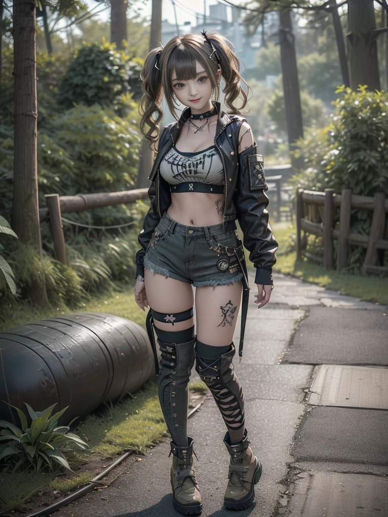 (Hostess:1.miling with teeth showing:1.3),(Shibuya Gal:1.5)、(Landmine Girl:1.4)、(Lolition:1.5)、(Punk RockVisual Kei:1.4)、(A modern short jacket in dark grey and moss green.:1.5)、(Tattered brown and charcoal denim low rise cargo pants:1.5)、(Mustard Yellow Headband:1.3)、(Charcoal and khaki striped knee socks:1.4)、collar、(Brown platform long boots)、(Clothing with logo pattern:1.4)、20-year-old、Browsing Caution,((Highest quality、In 8K、masterpiece:1.3))、Sharp f1.2、(Layered Cut、Huge breasts:1.1),Beawoman with perfect figure:1.4、(Doing an aerobics pose:1.3)、Slim Abs:1.2、Butt、Hi detailed face akin texture、Fine grain、double eyelid,(Twin tails:1.3)、(Brownish golden hair:1.3)、Obscene、Idol Sculpture、(The landscape is a beautiful temple of water and forest:1.3)、(Slimming your legs:1.4)、(Thy is slim:1.3)、(clavicle:1.1)