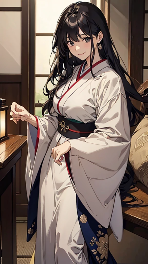 Japanese, adult woman, middle age, long hair, elegant long-sleeved dress, looking towards the camera, smiling