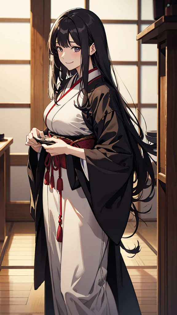 Japanese, adult woman, middle age, long hair, elegant long-sleeved dress, looking towards the camera, smiling