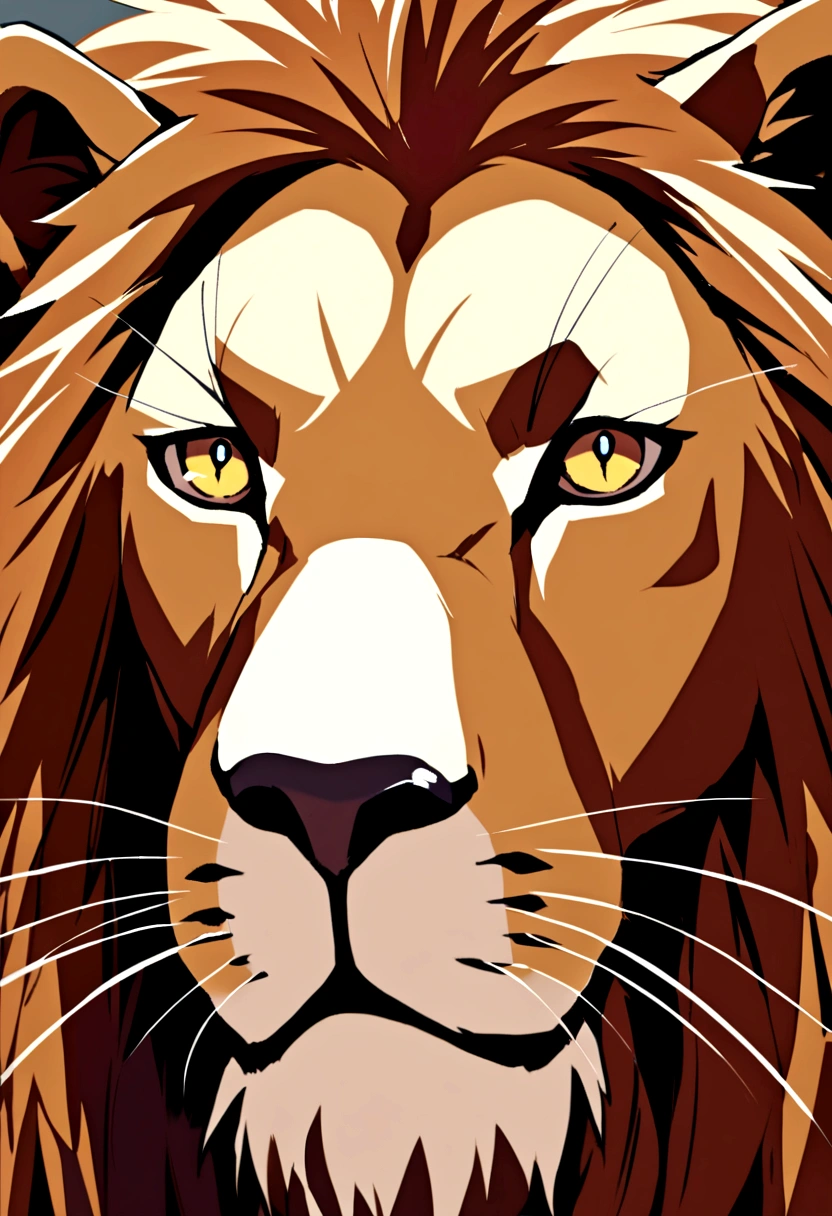 A lion stares at it in shock, a bee on its nose. The lion's eyes were wide with fear, his pupils dilated. Close-up of a lion.