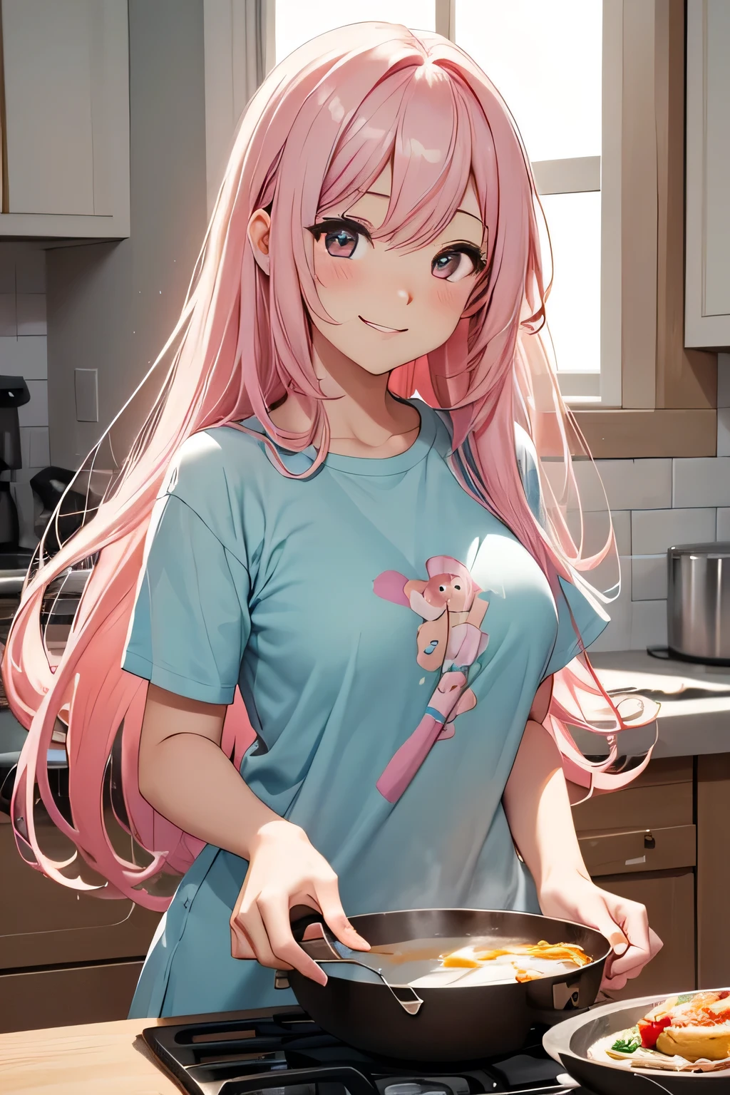 a cute girl smile with pink and long hair, breast, full body, With detailed fingers, Wearing a t-shirt, Cooking breakfast, In the kitchen, In the morning, by style of onii kei, dreamy and romantic, light gray and light amber, jagged edges, light teal and light red, timeless beauty, 8k