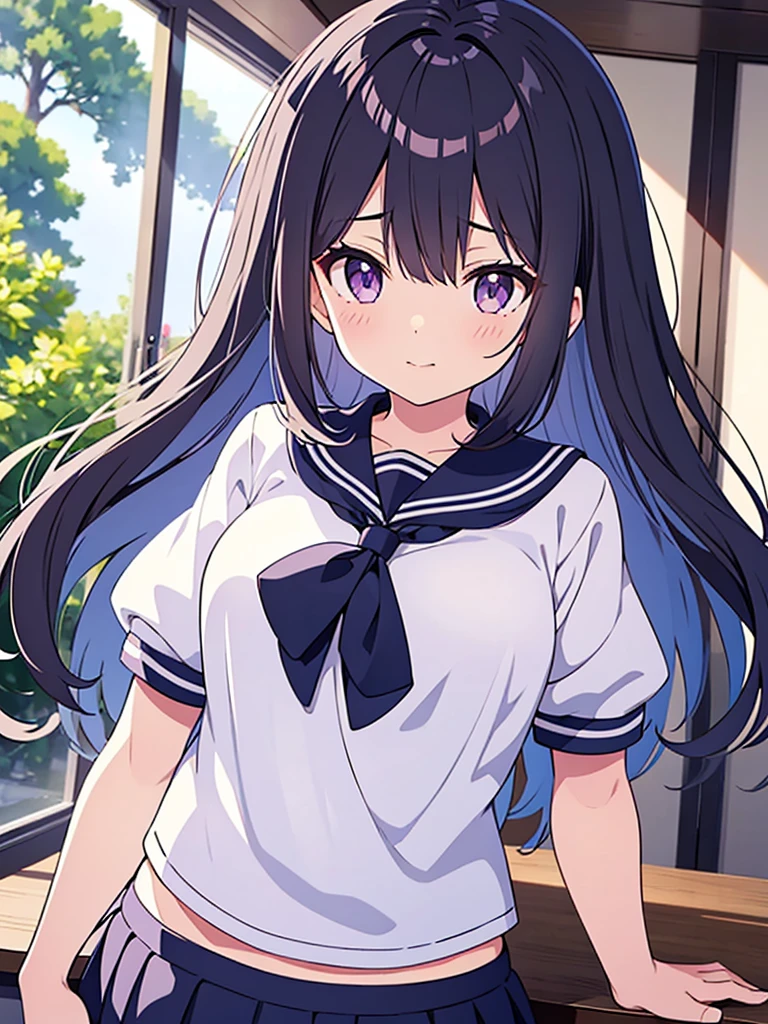 primary school girl, 8 years, A cup of breasts, black fur, wide, purple eyes (One Person) Smooth white upper body., short sleevesTshirt, navy blue mini skirt, white panties((I can see her panties)) white socks girl'room session ((I can see her panties)) Dynamic angle Low angle