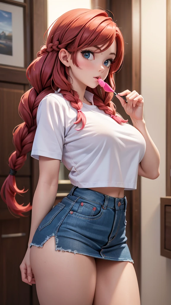 (best qualityer,4K,high resolution,work of art:1.2),ultra detali,(realisitic,photorealisitic:1.37),Woman,red hair and braids,shirt blue,pink school miniskirt,sucking a lollipop,well-endowed,well proportioned legs,nsfw,stunningly attractive,busty,big fit ass ass,big fit ass