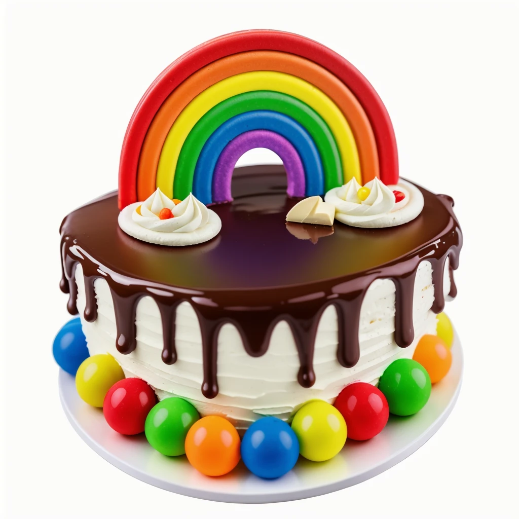 on a wooden table, on a white porcelain plate, a tiny cake, the walls of the cake are made of multi-colored chocolate bars, on top are multi-colored cream stripes, multi-colored candies in the form of balls, bright lights, soft light, window light, professional lighting, light from the window, neat light, realistic texture, realistic style, detailed texture, high quality, high resolution, high quality rendering, realistic photo, brightning light, macro photo
