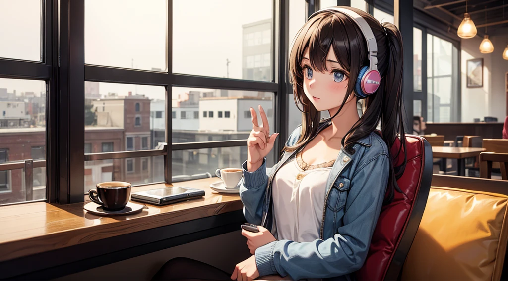 Girl with headphones enjoying music in a cafe I am studying Emphasize a little bit of the chest