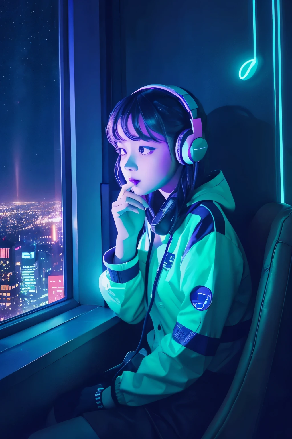 A girl is listening to music with headphones in a dimly lit private room with neon lights. She is sitting in a chair and she is looking out the window. The corners of the mouth are raised. He has an iPad in his hand. You can see the city lights and the starry sky from the window of the room.