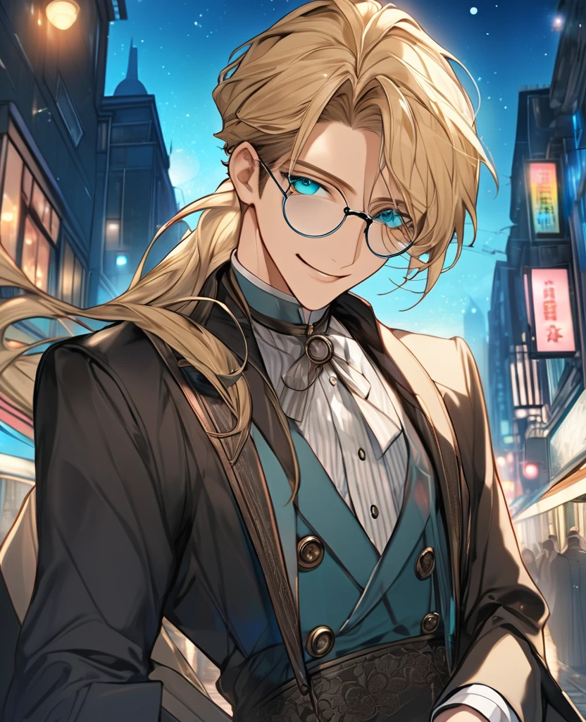 (Blonde_hair),(long_male_hair), (cyan_vibrant_eyes), (detailed_eyes), (warm_smile), (attractive), (background_colorful_night_city), (male), (detailed_Hair), (detailed), (wears_old_fashioned_outfit), (wears_monocle)